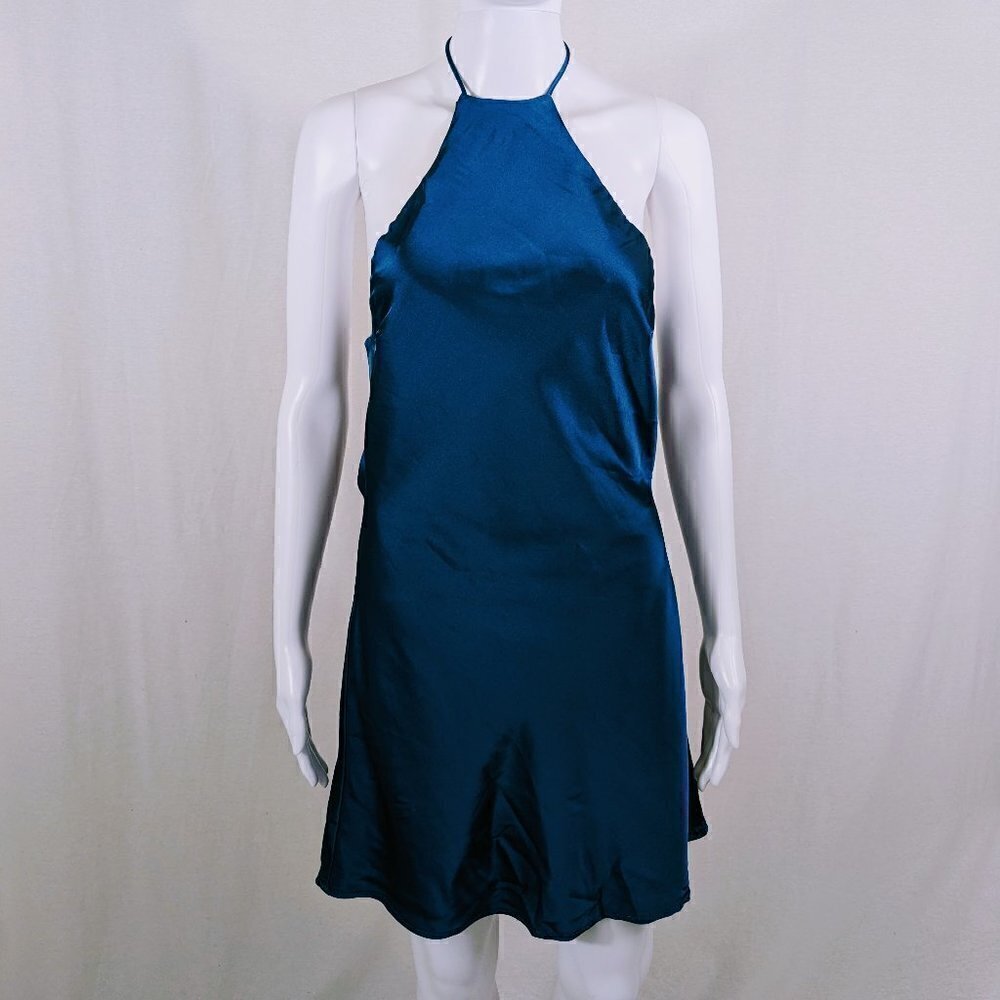 Better Me Fash Blue Satin Halter Slip Dress Size Medium